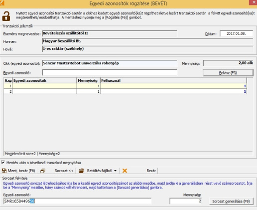 Gyári szám felvitel